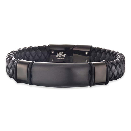 Save Brave Black Stainless Steel Leather Bracelet