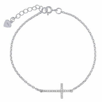 Sterling Silver Rodioum Plated Cubic Zirconia Cross Bracelet
