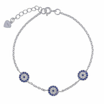 Sterling Silver Rodioum Plated Blue Evil Eye Cubic Zirconia Bracelet