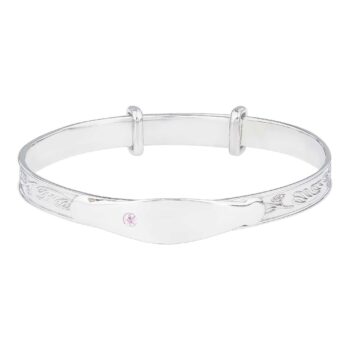 Sterling Silver Rodioum Plated Adjustable Baby Id Bangle With Pink Cubic Zirconia -40Cm