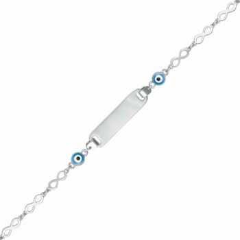 Sterling Silver Rodioum Plated Blue Evil Eye Baby Id Bracelet 12+3Cm