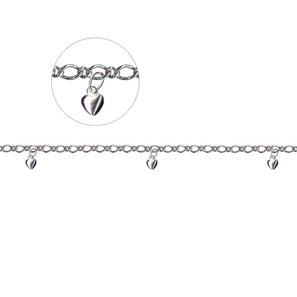 Sterling Silver Oval Figaro Anklet + 3 Hearts