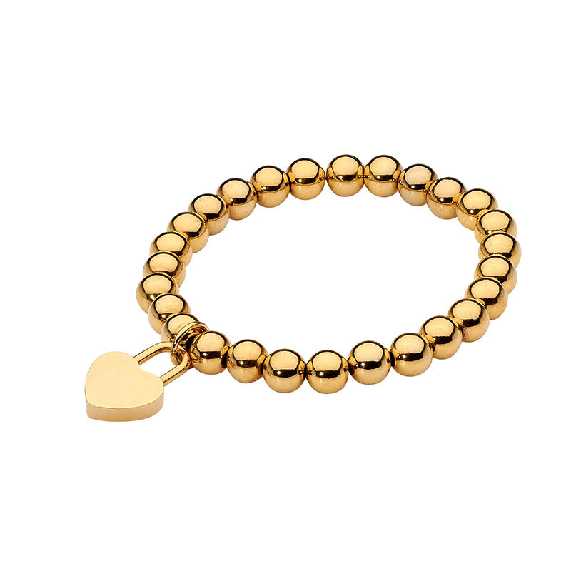 Satinless Steel Yellow Gold Plated 8Mm Ball Bracelet With Heart Charm