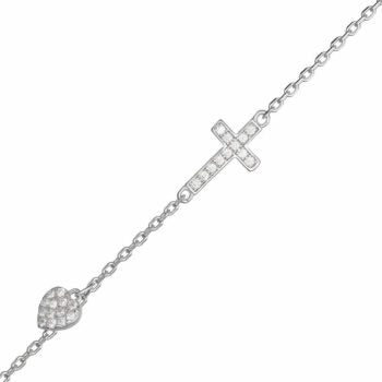 Sterling Silver Cross With Dangling Heart Cubic Zirconia Bracelet