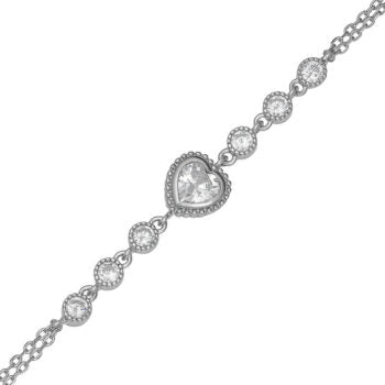 Sterling Silver Rodium Plated Fancy Heart Double Chain Cz Bracelet