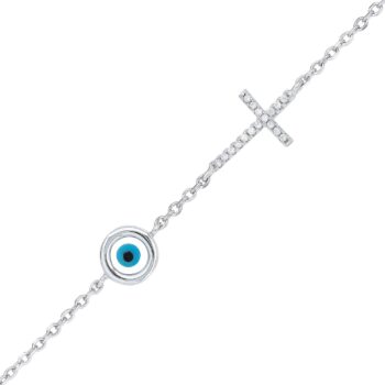 Sterling Silver Rodium Plated Cubic Zirconia Cross Evil Eye Bracelet