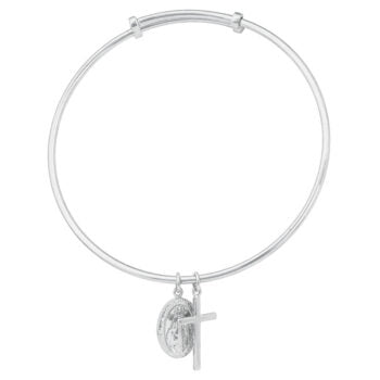 Adjustable Sterling Silver /Rp Bangle With Mary Medallion And Cross