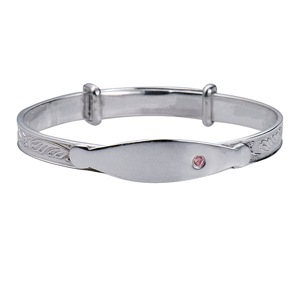 Sterling Silver Child Engraved Expanding Id Plate Pink Cz Bangle