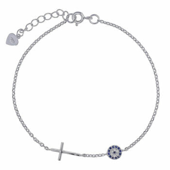 Sterling Silver Rodioum Plated Evil Eye And Cubic Zirconia Cross Bracelet