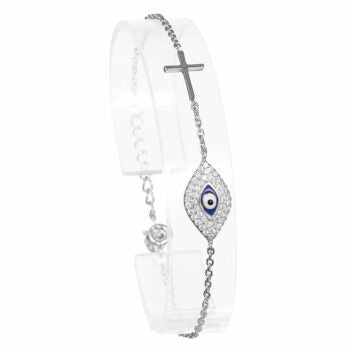 Sterling Silver Rodioum Plated Oval Cubic Zirconia Evil Eye With Plain Cross Bracelet