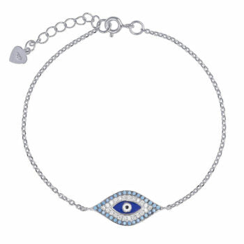 Sterling Silver Rodioum Plated Turquoise Evil Eye Cubic Zirconia Bracelet