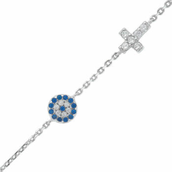 Sterling Silver Rodioum Plated Cross Blue Evil Eye Cross Cubic Zirconia Bracelet
