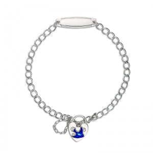 Sterling Silver Round Curb Link Id Baby Bracelet With A Blue Bird Padlock