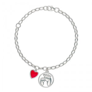 Sterling Silver (Little Feet) Kids Bracelet With Pink Enamel Hanging Heart