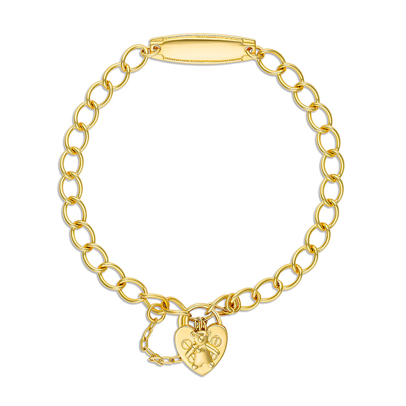 Base Metal Yellow Gold Plated Thick Curb Id Baby Bracelet With Teddy Padlock