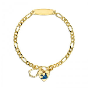 Base Metal Gold Plated Figaro Id Baby Bracelet With A Blue Bird Padlock
