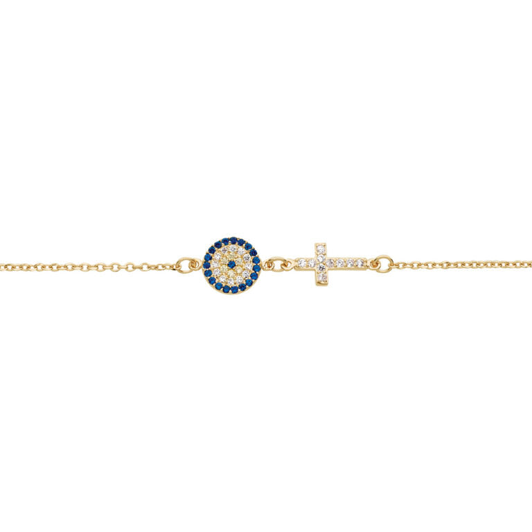 Ss Gold Plated Bracelet With A Cubic Zirconia Micro Pave Eye And A Cross