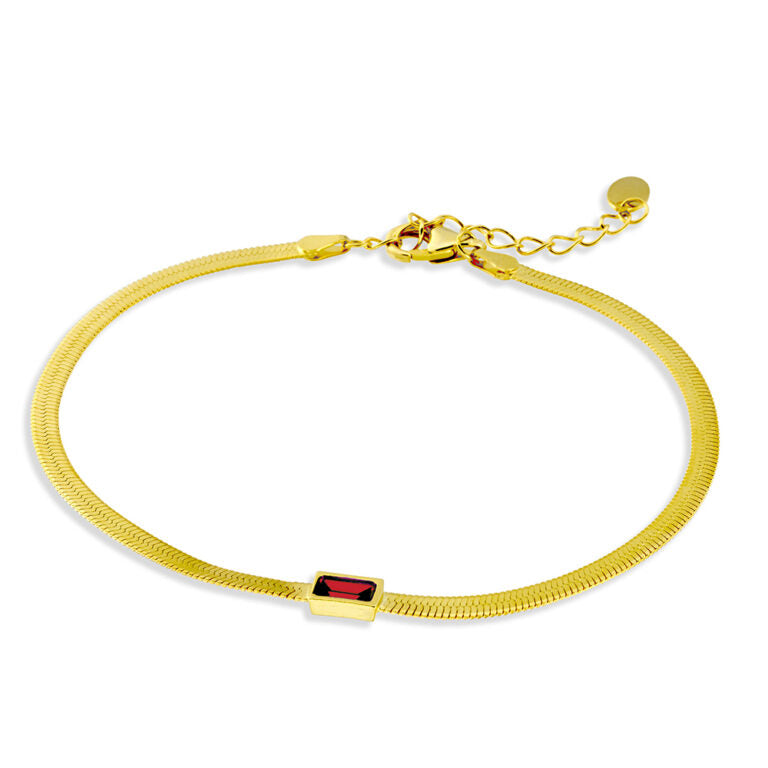 Sterling Silver Gold Plated Flat Snake Chain Bracelet With A Ruby Cubic Zirconia