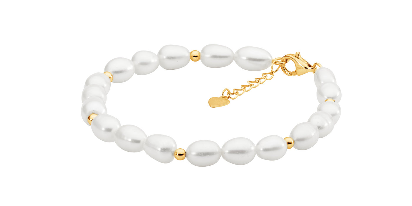 SS gold plated beads w/ freshwater pearl 17-18cm bracelet ext. chain