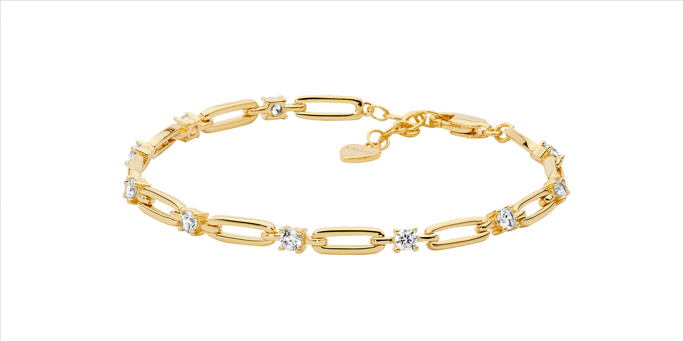 SS open oval link, 3.5mm wh cz 17cm bracelet w/ext chain & gold plating