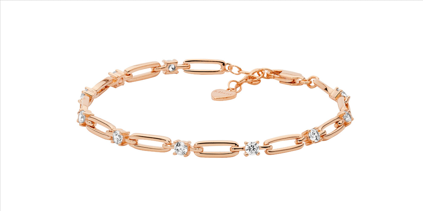 SS open oval link, 3.5mm wh cz 17cm bracelet w/ext chain & rose gold plating