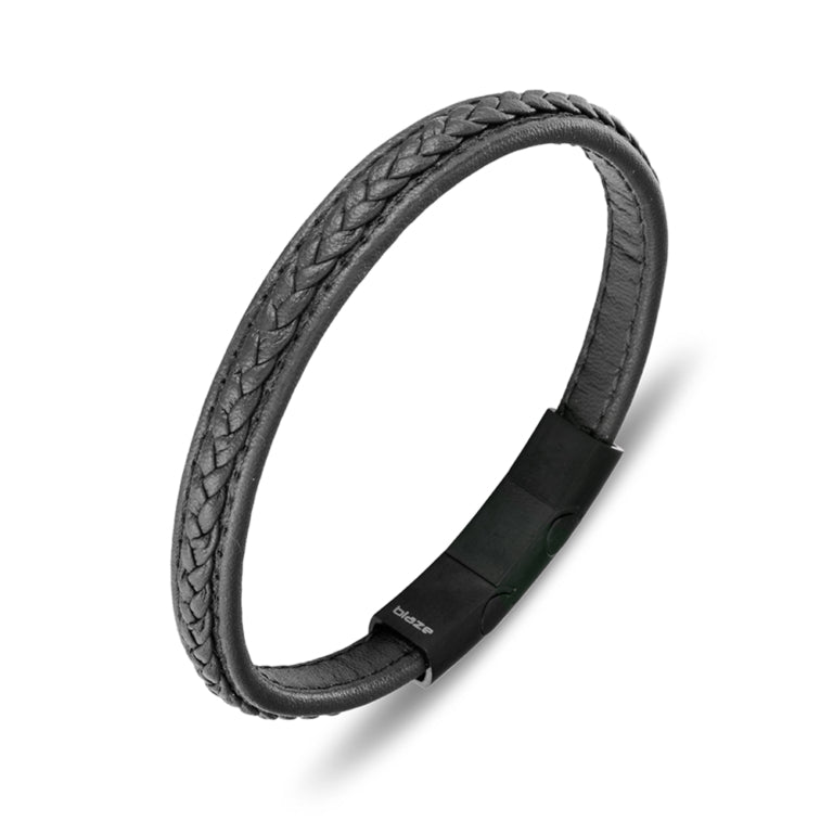 Blaze Stainless Steel Men’S Black Leather Bracelet