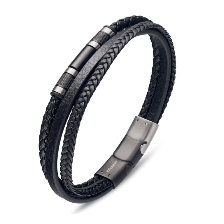 Blaze stainless steel men’s leather multi strand bangle with steel details