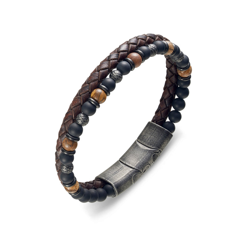 Blaze Men’S Matte Black Agate And Stone Bead Bracelet With Antique Brown Leather And Brushed Stainless Steel Clasp