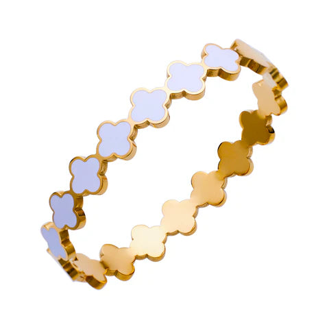 Sr Stainless Steel Multi Enamel Clover Bangle Gold/White