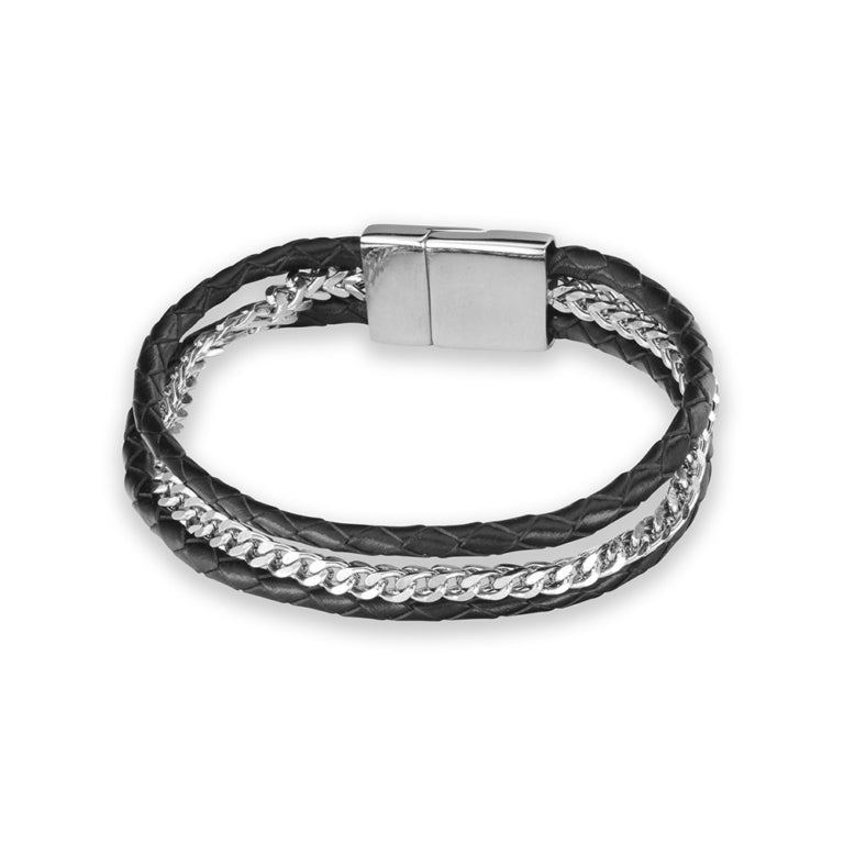 Blaze Stainless Steel Leather Bangle With Steel Chain Black Clasp