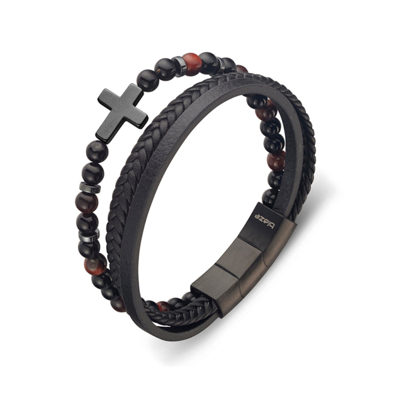 Blaze Stls Triple Strap Multi Leather Bracelet With Bead And Cross 20-22cm