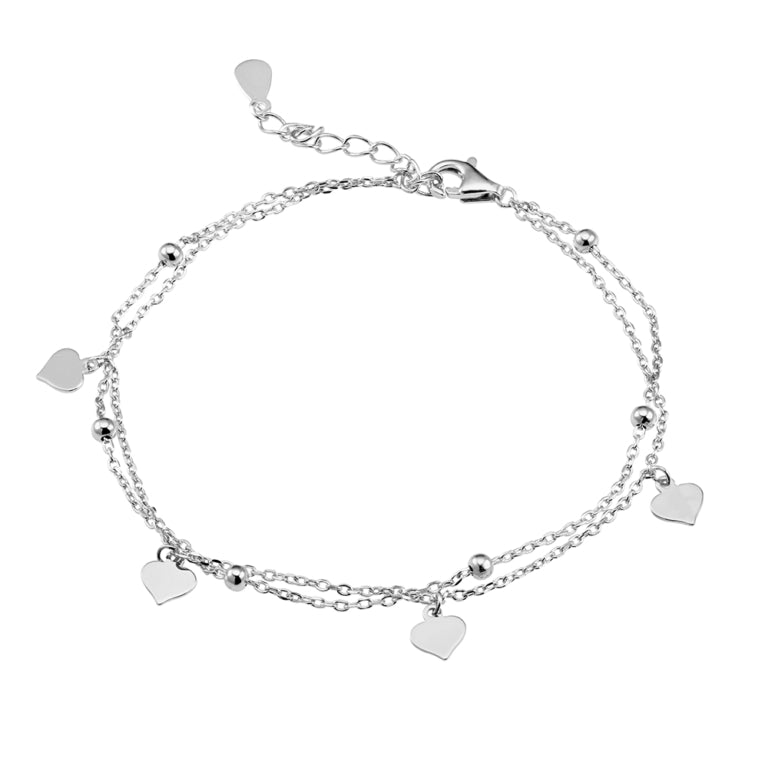 Sterling Silver Double Chain Bracelet With Heart And Ball Details