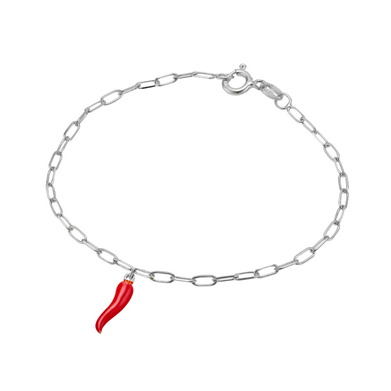 Silver Paperclip Chain Bracelet With Spicy Red Cornicello