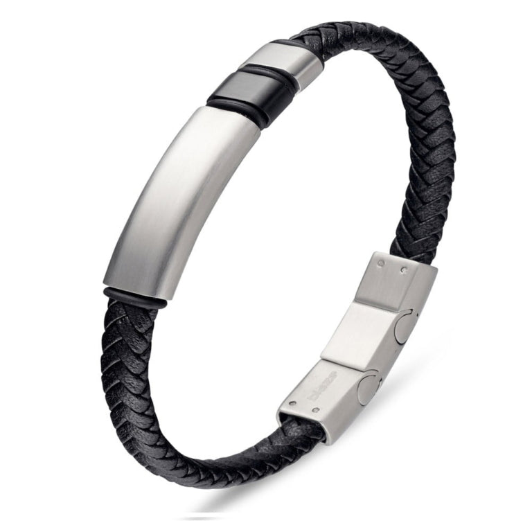 Blaze Stainless Steel Men's Leather Bangle With Steel Bar Details