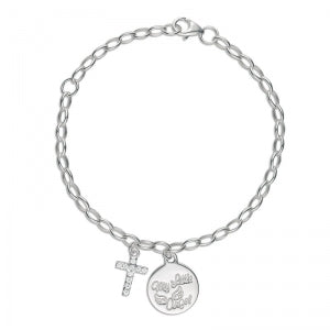 Sterling Silver Kids Belcher Bracelet With C Z Cross & Mla Disc