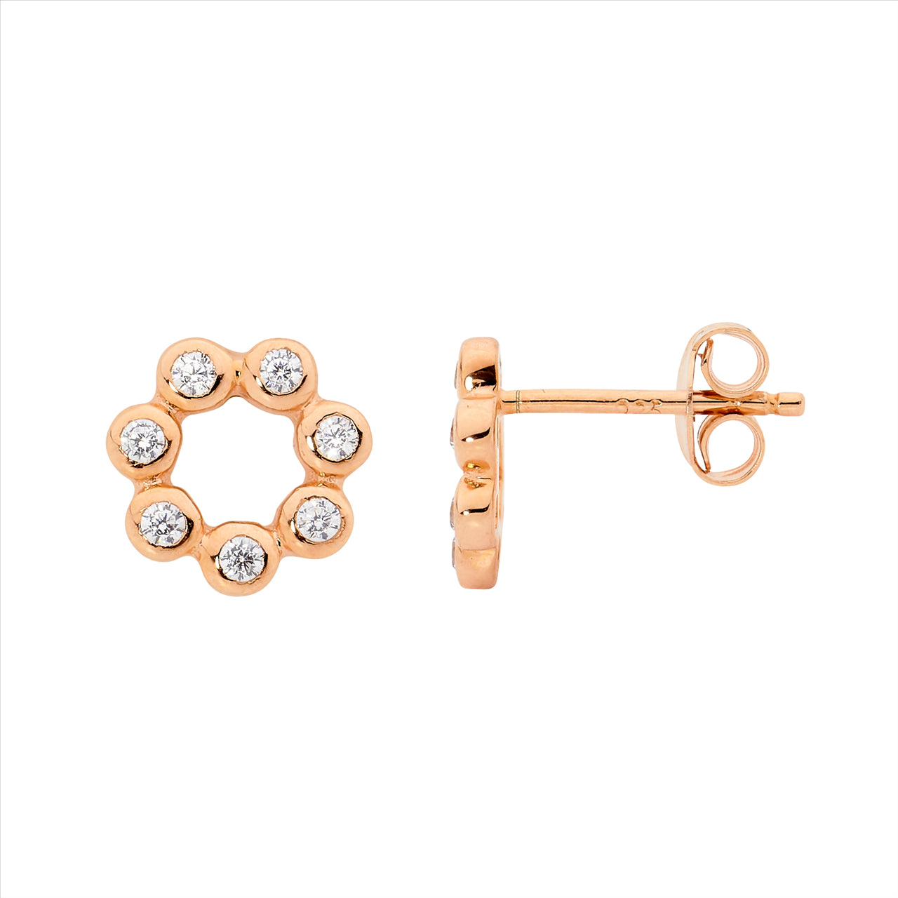 Rose Gold Plated Bezel Set Open Circle Stud Earrings With Clear Cubic Zirconia Stones