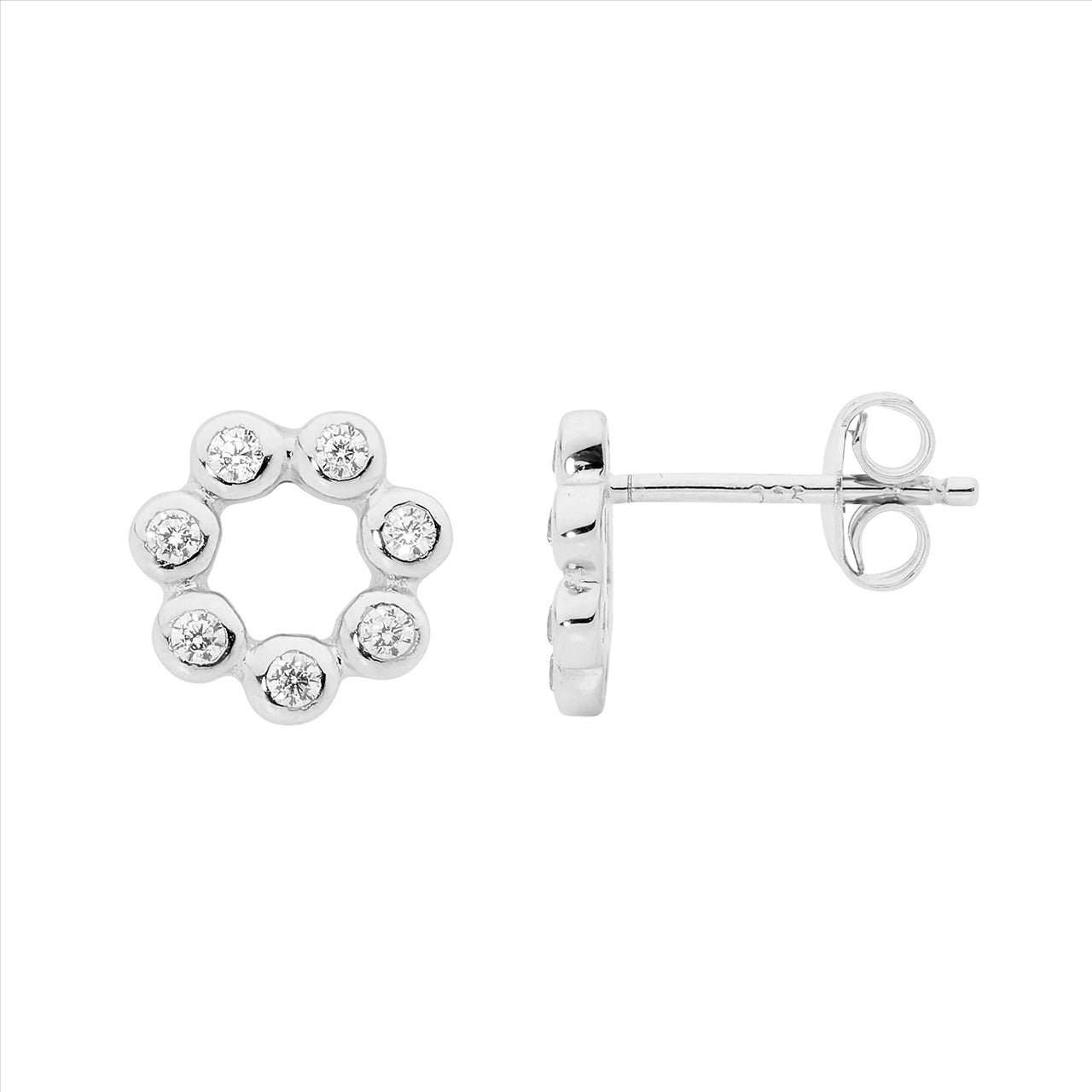 Sterling Silver Bezel Set Open Circle Stud Earrings With Clear Cubic Zirconia Stones