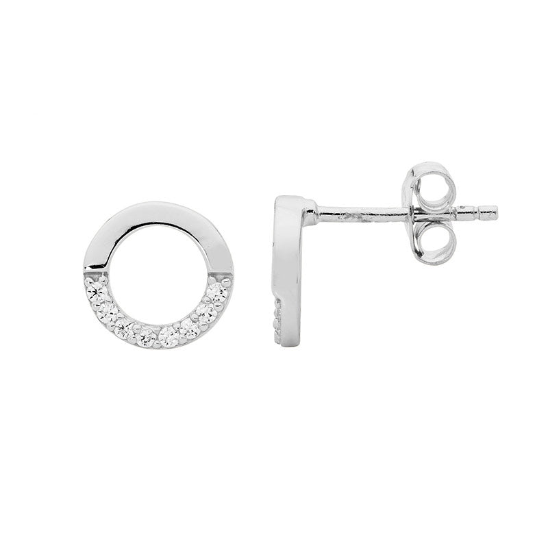 SS 9mm Open Circle Earrings, half WH CZ - RRP $59