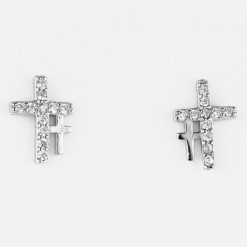 Sterling Silver Rodioum Plated Cross Cubic Zirconia Stud Earrings