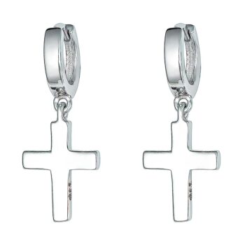 Sterling Silver Rodioum Plated Plain Cross Drop Earrings