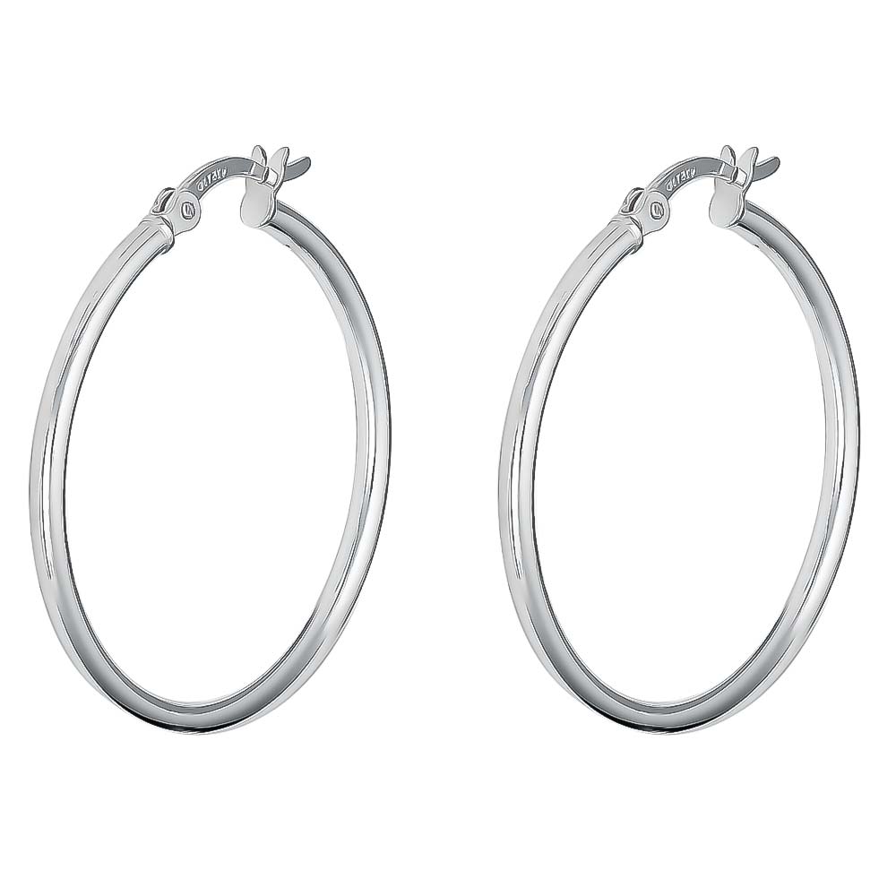 Silver Rhodium Plated 35Mm Plain Hoop Earrings