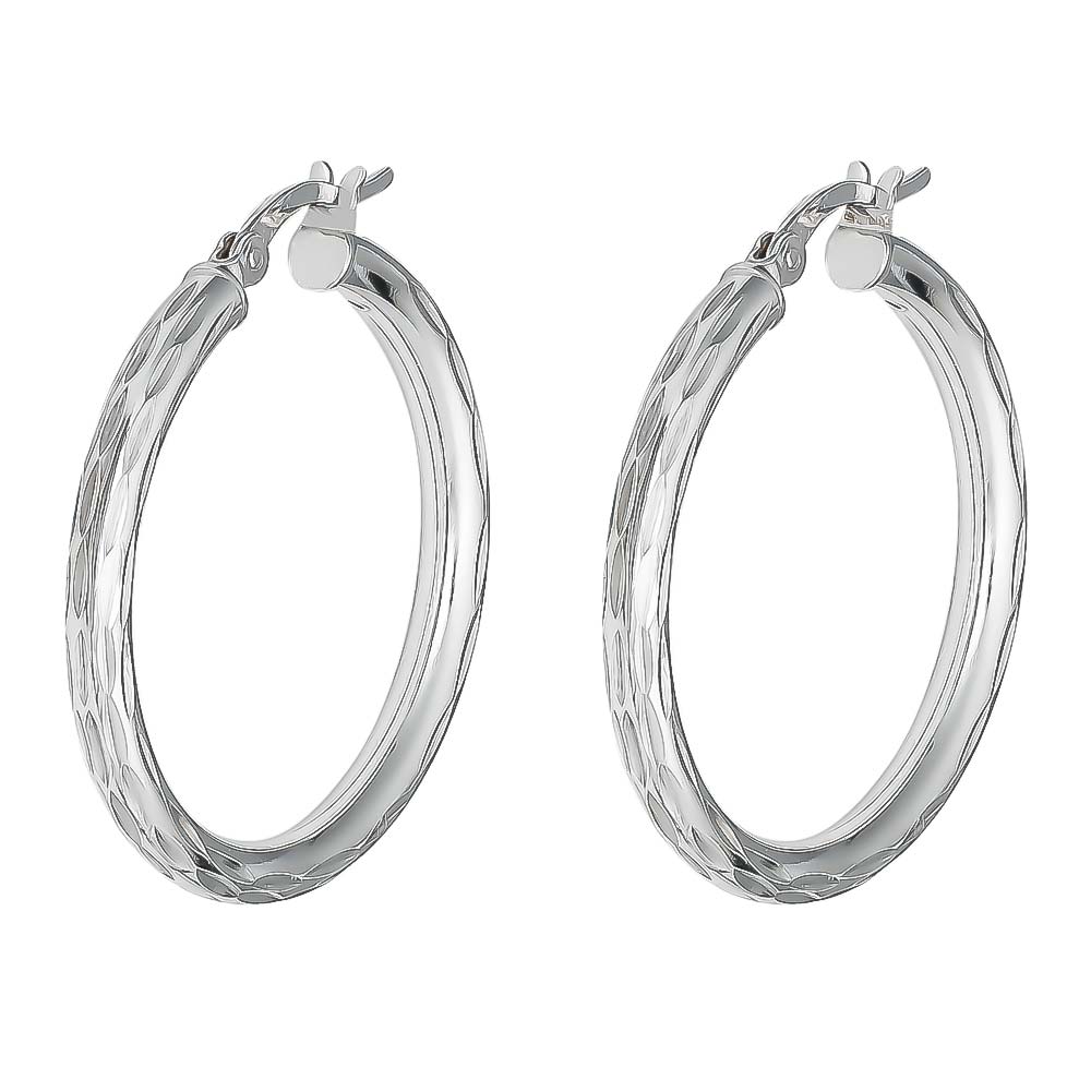 Silver Rhodium Plated 3Mm Diamond Cut Hoops 35Mm