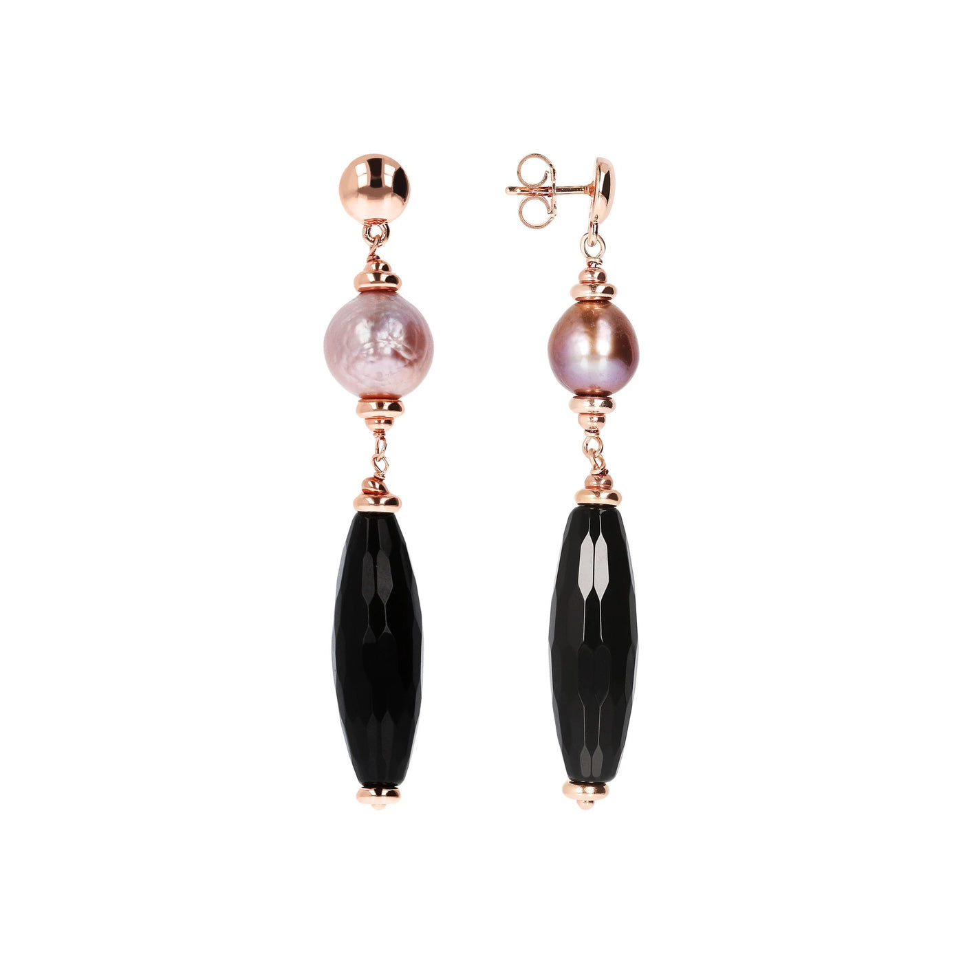 Bronzalure Rose Gold Plated Maxima Onyx & Rose Fresh Water Pearls Dangle E/R