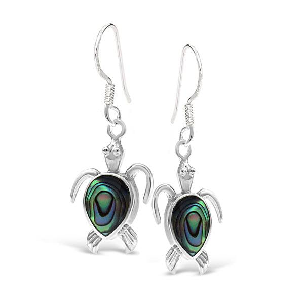 Sterling Silver Paua Shell Turtle Drop Hook Earrings