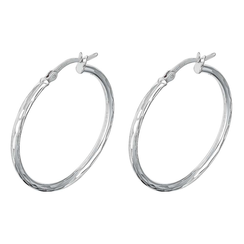 Silver Rhodium Plated Diamond Cut 25Mm Hoops