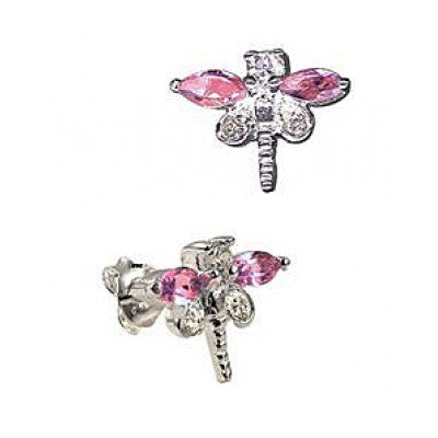 Sterling Silver Pink Cz Dragonfly Studs