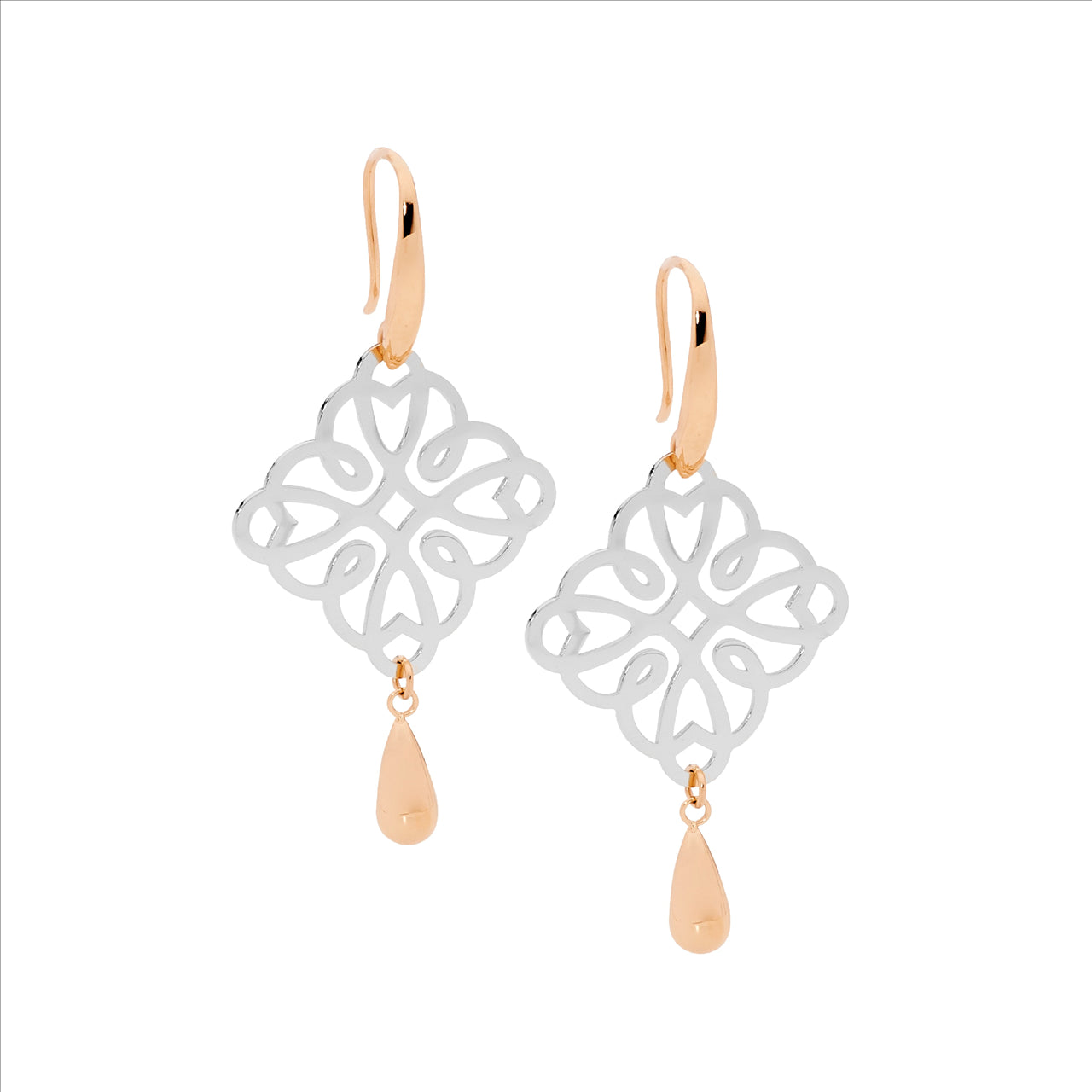 Stainless Steel Filgree Square With Tear Drop Two Tone Rose Gold Plating Earrings