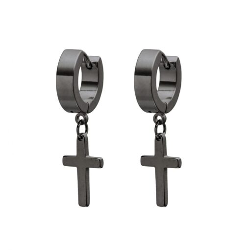 Black Stainless Steel Dangling Cross Huggies