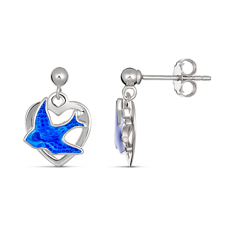 Sterling Silver Blue Bird Open Heart Drop Earrings