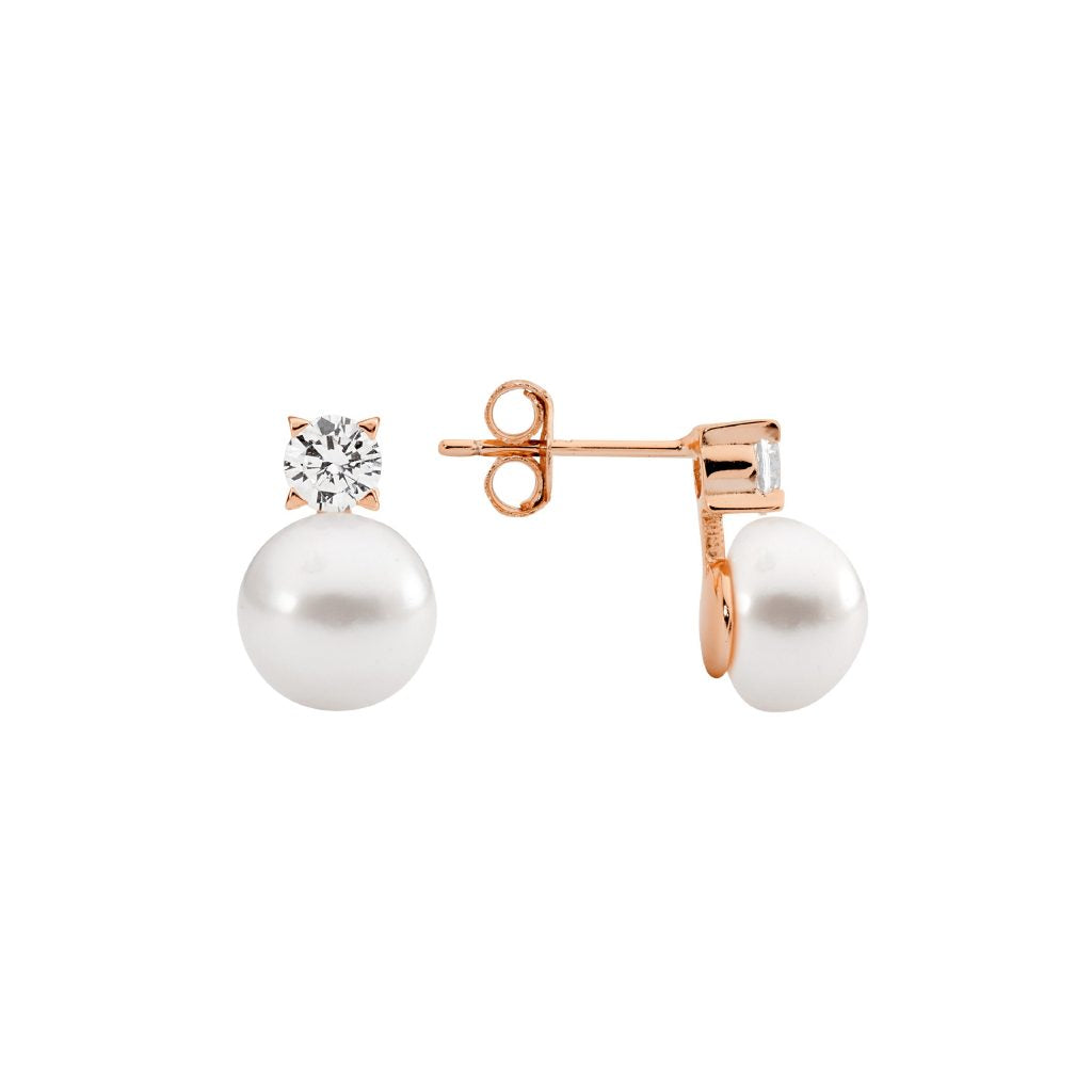 Ellani Sterling Silver Rose Gold Plated Ss 8.5Mm Freshwater Pearl Stud Earrings